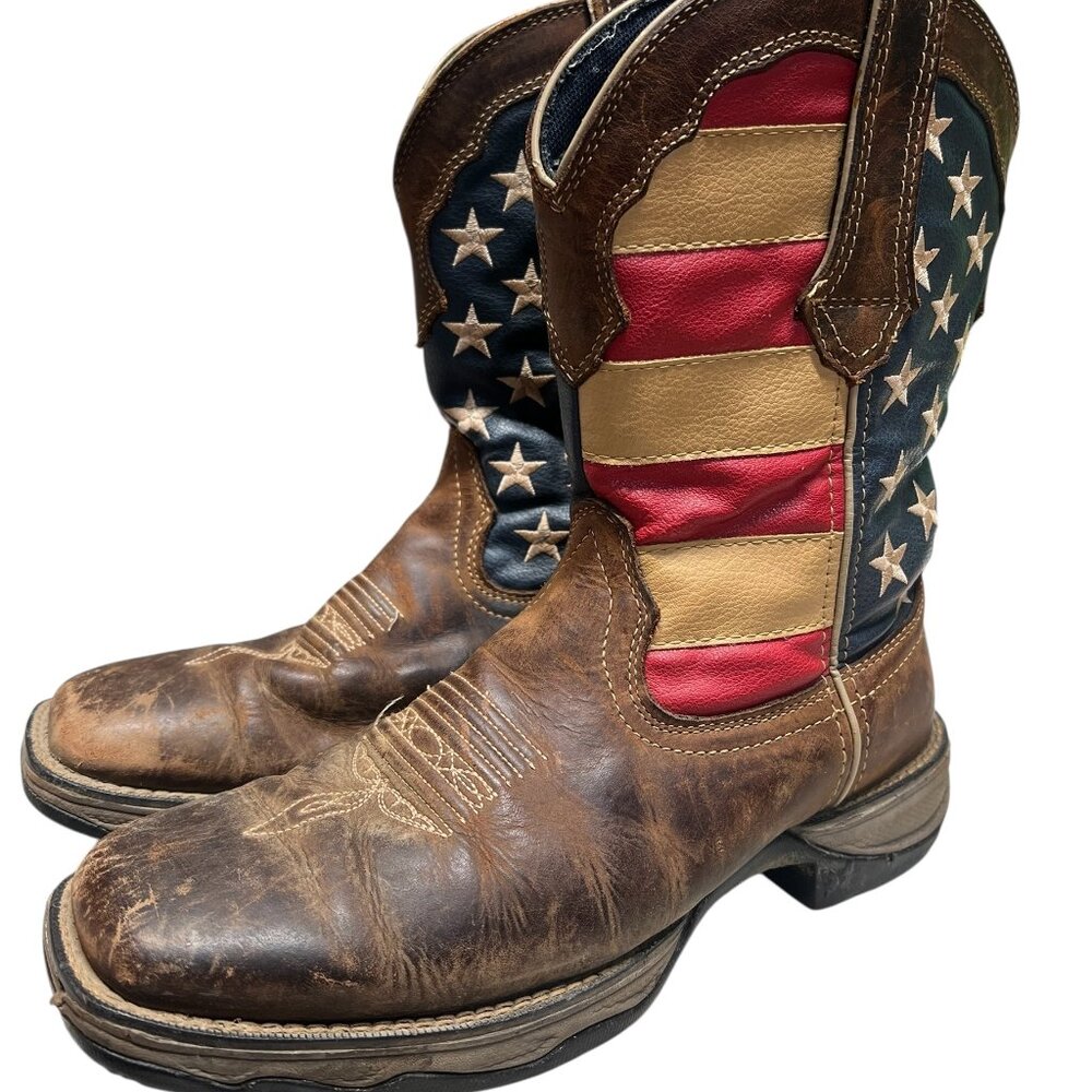 Durango Brown Leather Western Heeled Boots with Red, Blue & Tan Flag Shaft